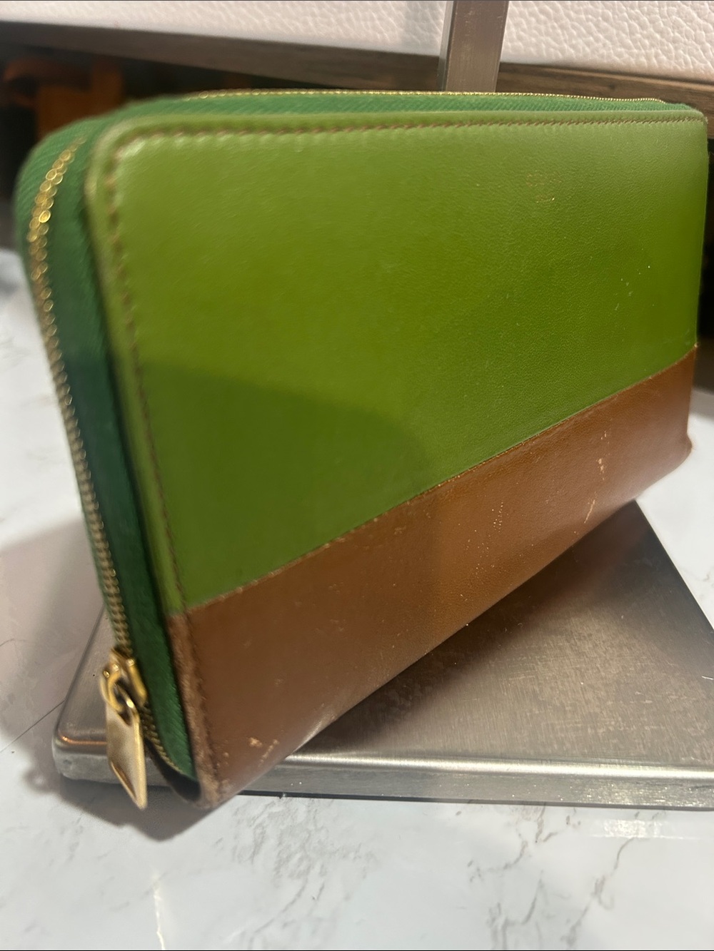 Celine Two-Tone Green and Brown Leather Zip Wallet - Picture 3 of 7